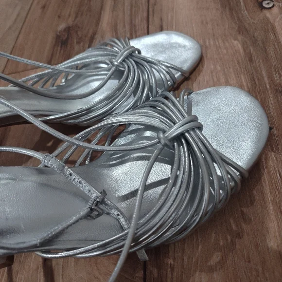 Anthropologie Silver Strappy Sandal Heels - Picture 7 of 11